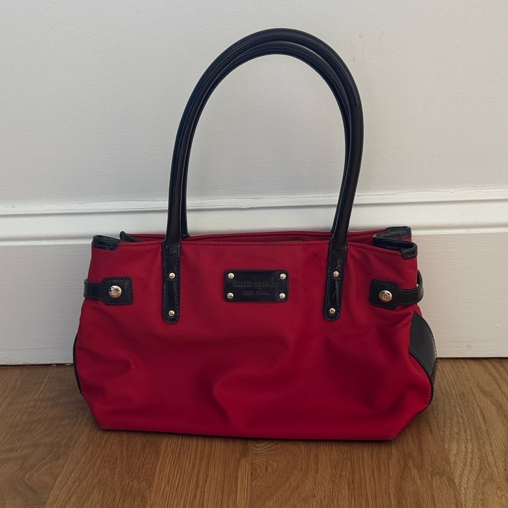 kate spade Red Nylon Tote Handbag with Black Patent Leather Handles